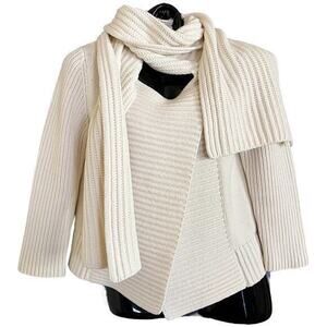 Theory Ivory White Carolyn Cardigan Sweater with Attached Muffler Scarf